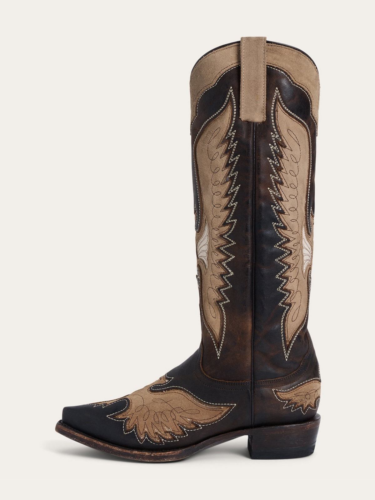 Dark Brown Snip-Toe Faux Suede Eagle Inlay Tall Wide Mid Calf Cowgirl Boots