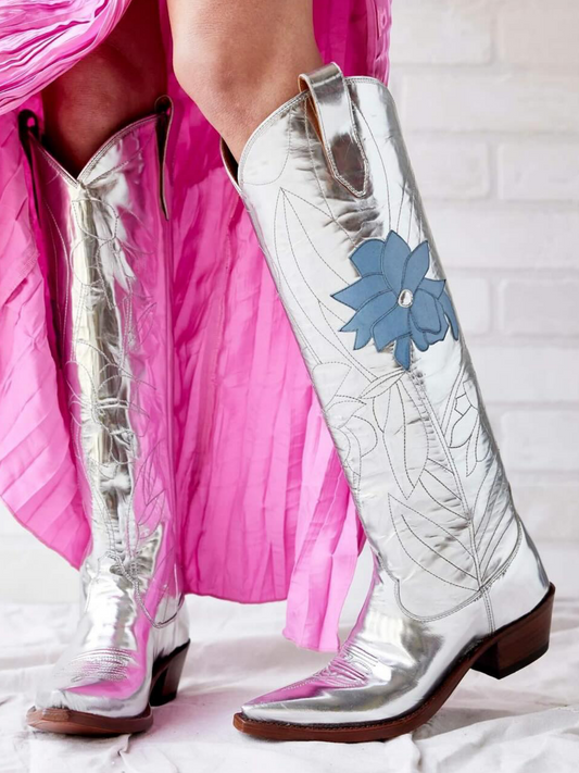 Metallic Silver Snip-Toe Embroidery Flower Applique Wide Calf Knee High Cowgirl Boots