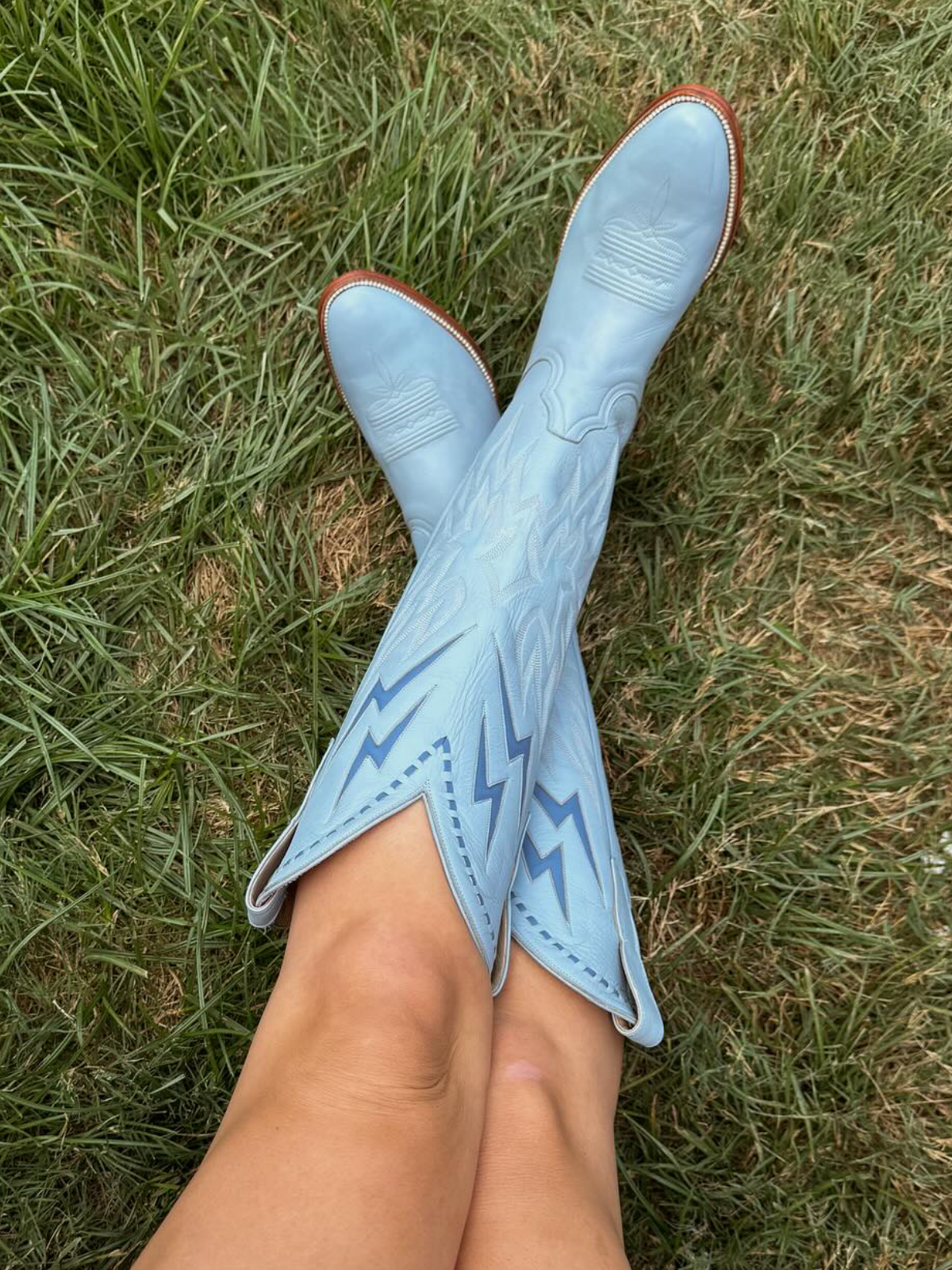 Powder Blue Almond-Toe Embroidery Lightning Inlay Wide Mid Calf Cowgirl Boots