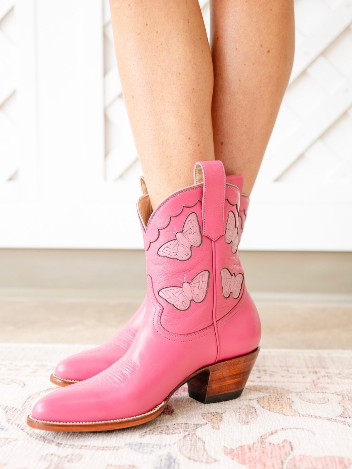 Pink Almond-Toe Butterfly Inlay Wide Mid Calf Cowgirl Boots