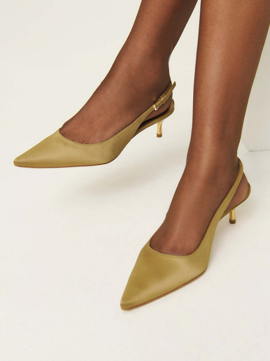 Green Satin Pointed-Toe Slingback Pump Kitten Heels