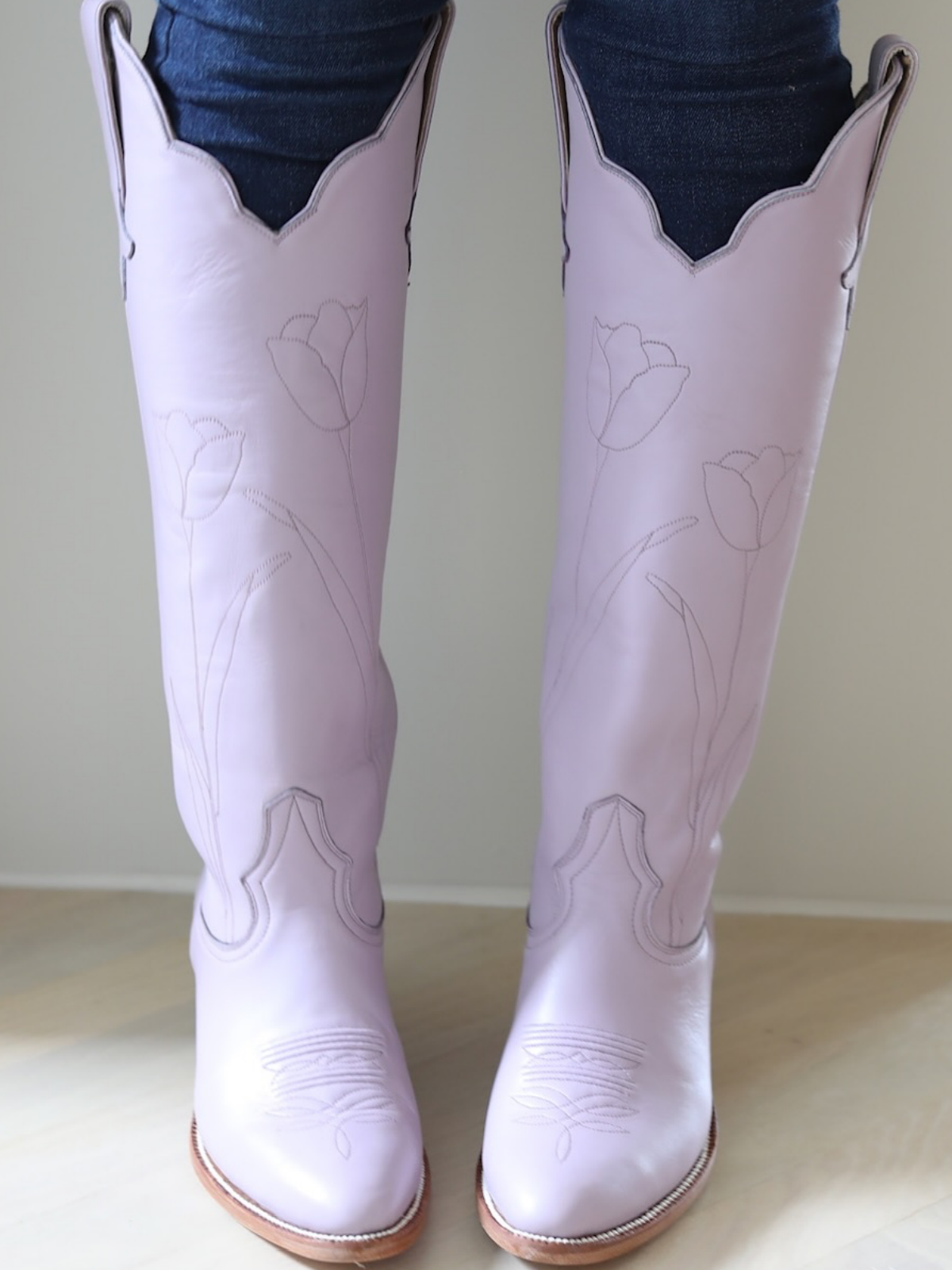 Almond-Toe Tulip Embroidery Wide Calf Knee High Cowgirl Boots - Lavender