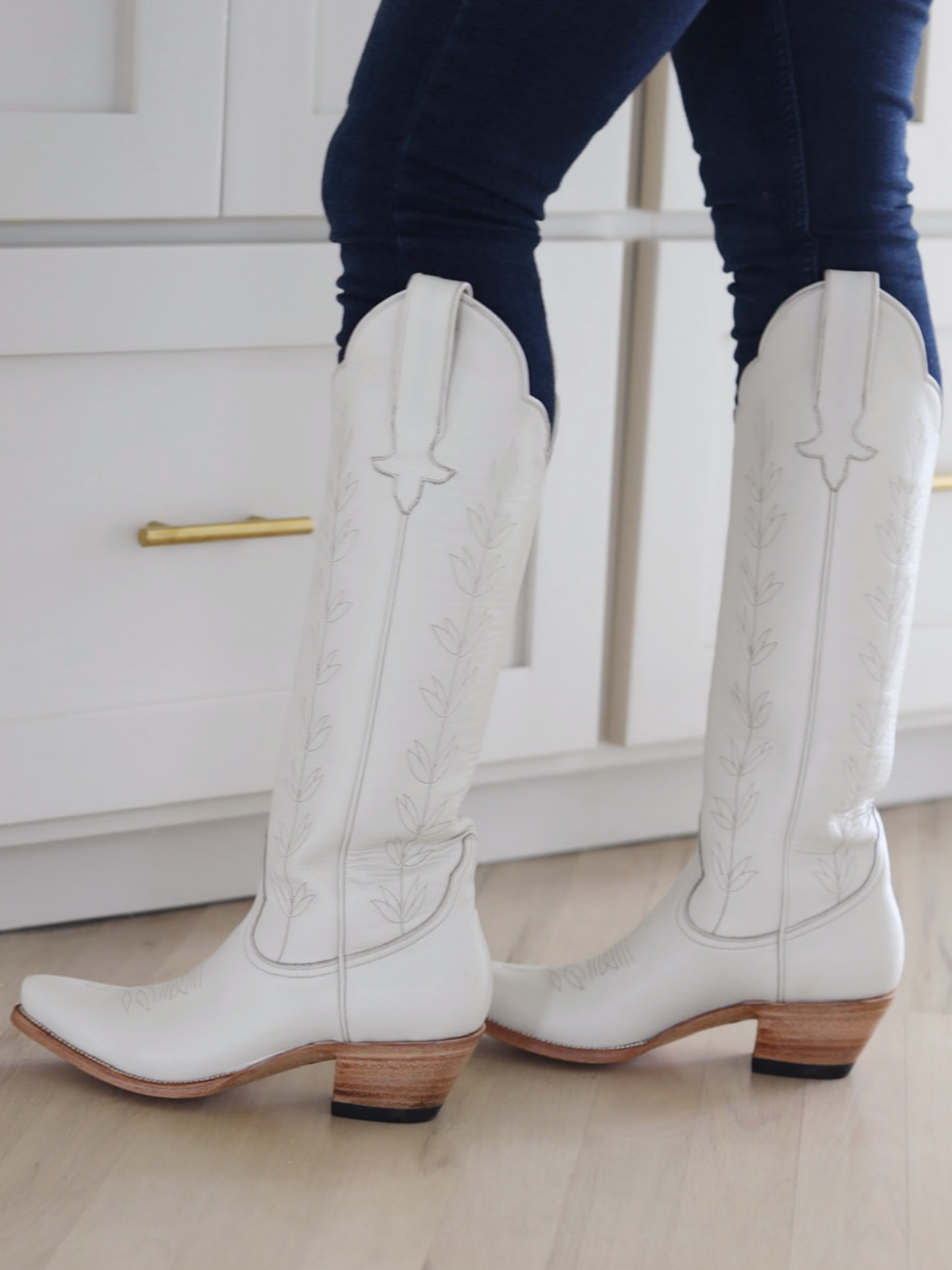 Snip-Toe Leaves Embroidery Wide Calf Knee High Cowgirl Boots - Ivory