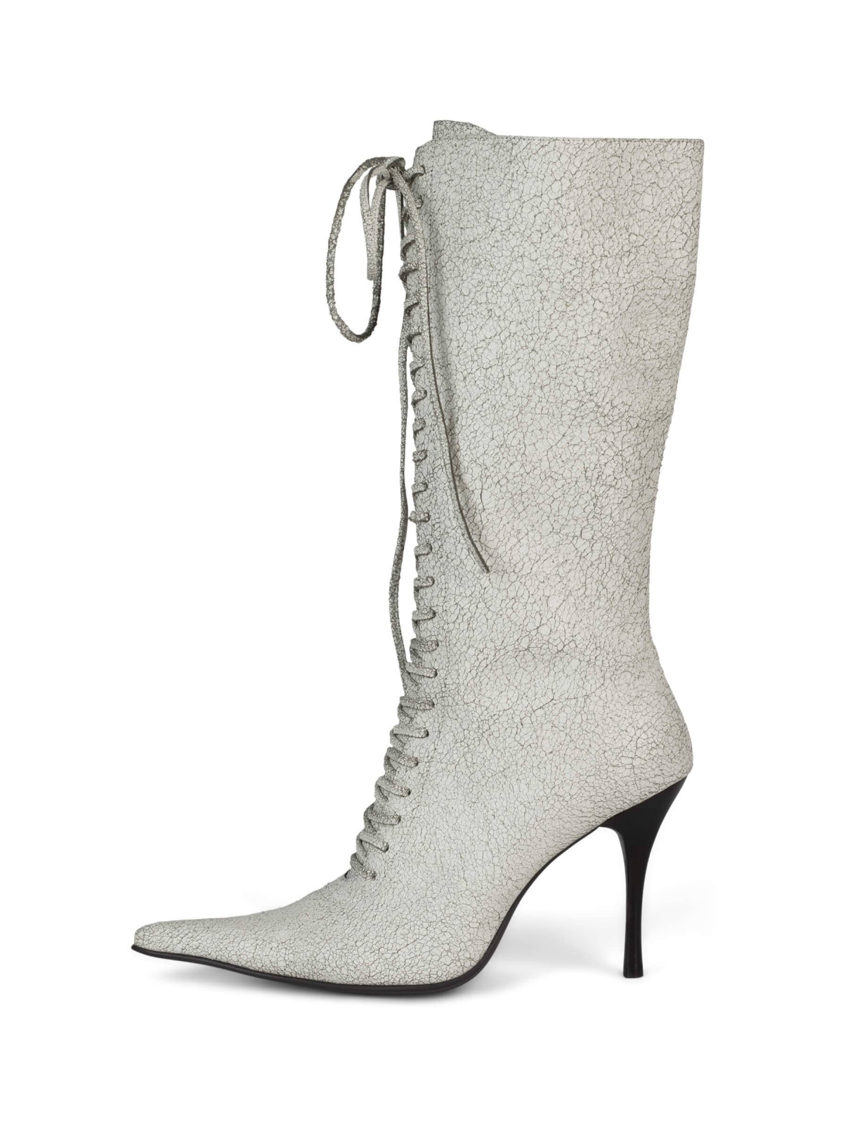 Distressed Ivory Pointed-Toe Lace-Up Full-Zip Mid Calf Stiletto Boots