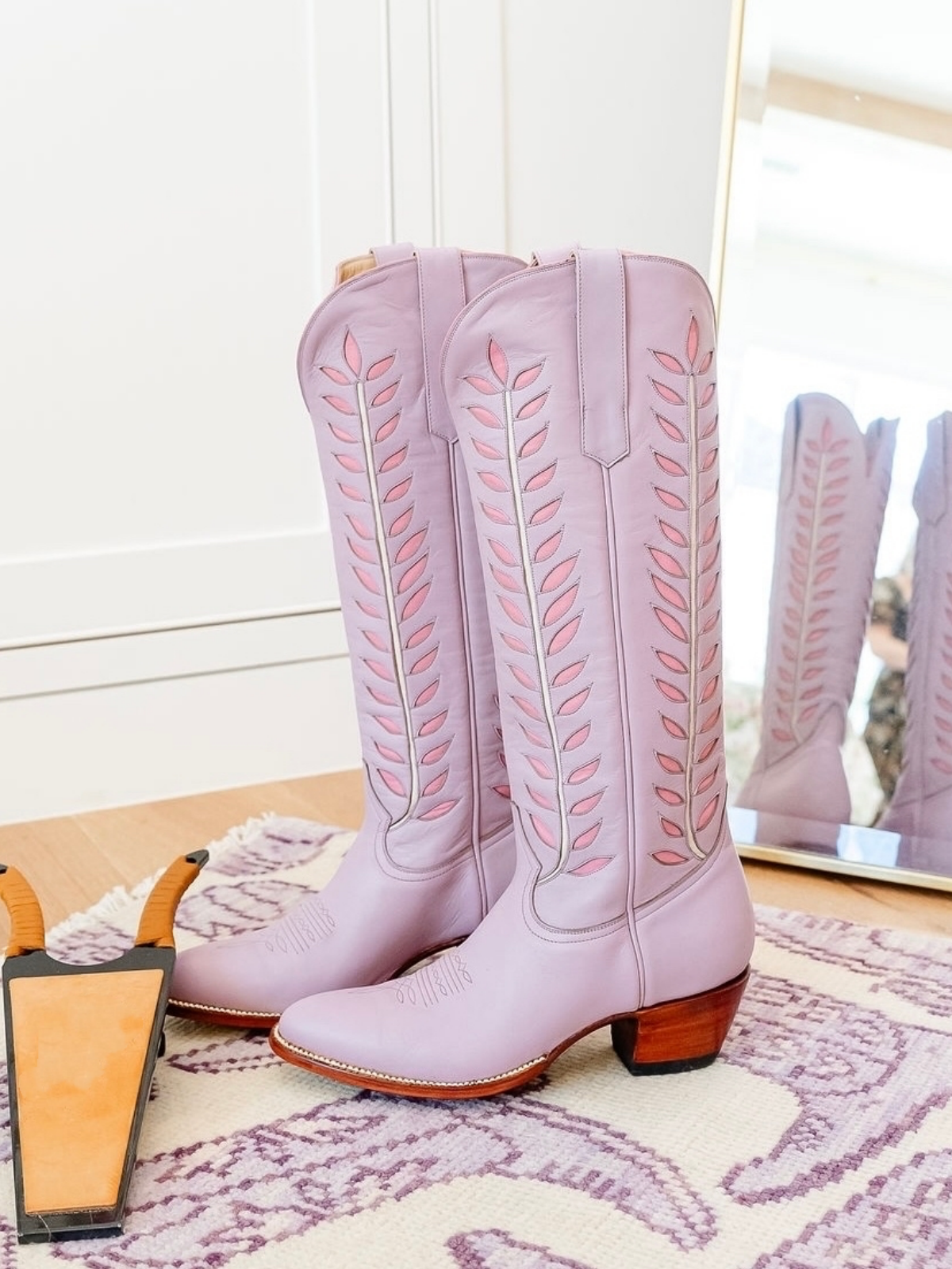 Almond-Toe Pink Leaves Inlay Wide Calf Tall Knee High Cowgirl Boots - Lavender