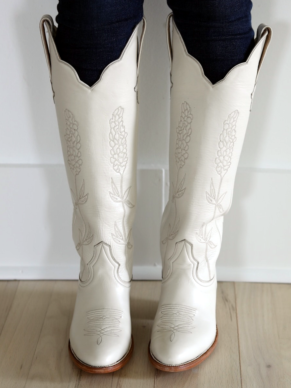 Almond-Toe Ear-Of-Rice Embroidery Wide Calf Knee High Cowgirl Boots - Ivory