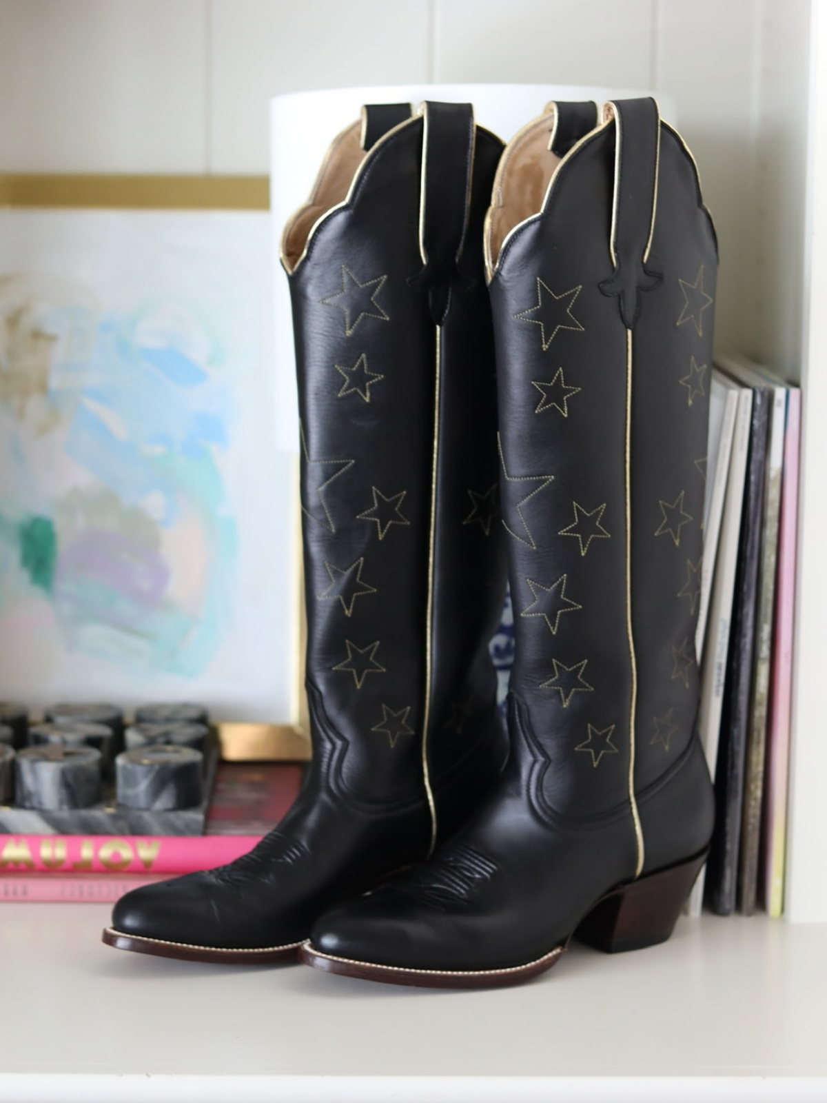 Almond-Toe Stars Embroidery Wide Calf Knee High Cowgirl Boots - Black