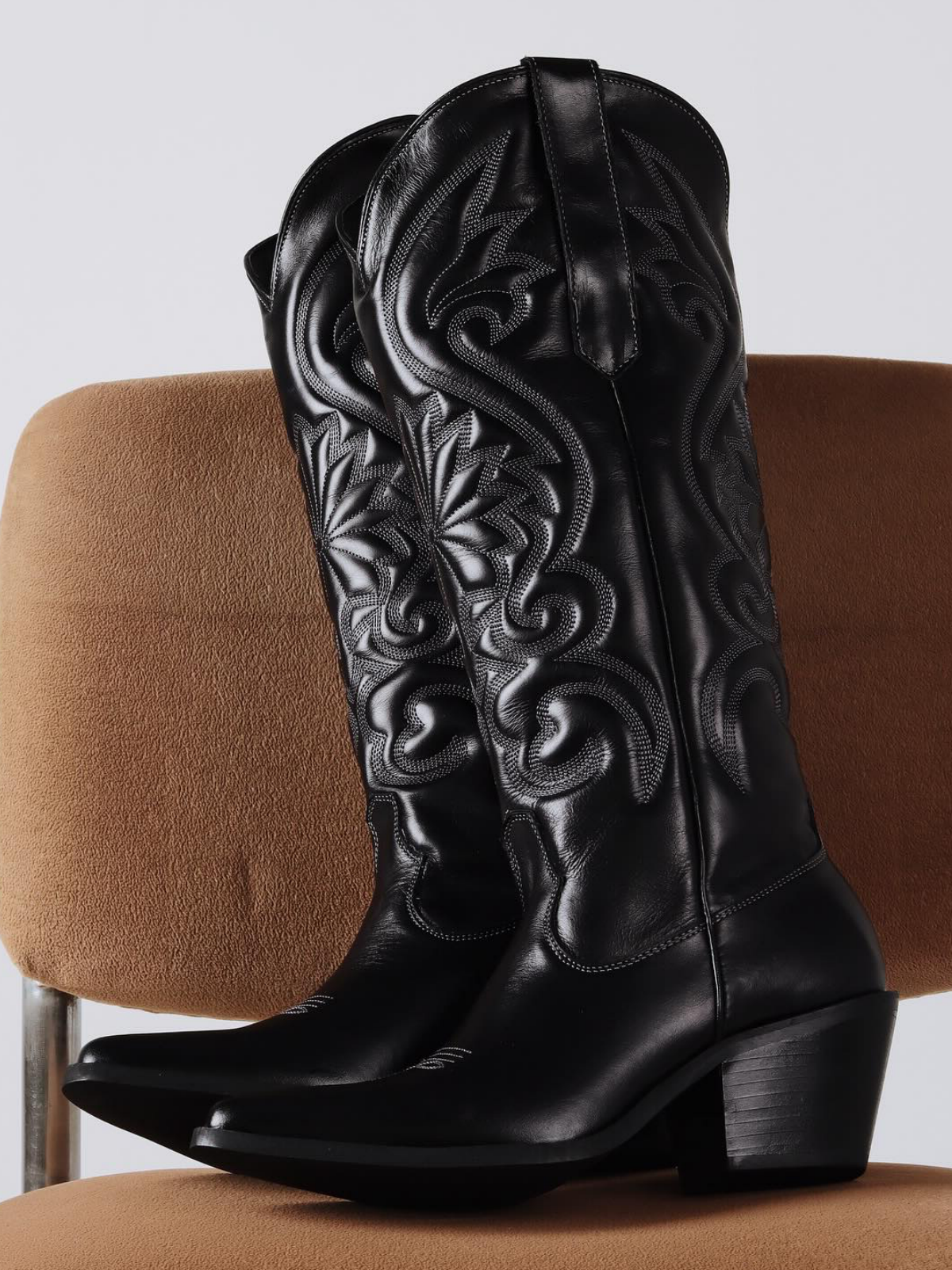 Fancy Embroidery Snip-Toe Wide Mid Calf Cowgirl Boots - Black