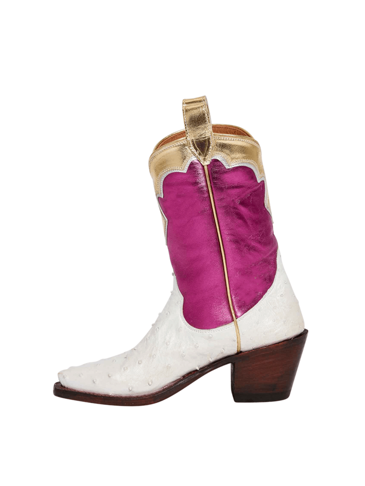 Contrast Tri-Color Ostrich-Textured And Metallic Vegan Leather Heart Star Letter Inlay Cowgirl Boots - Magenta