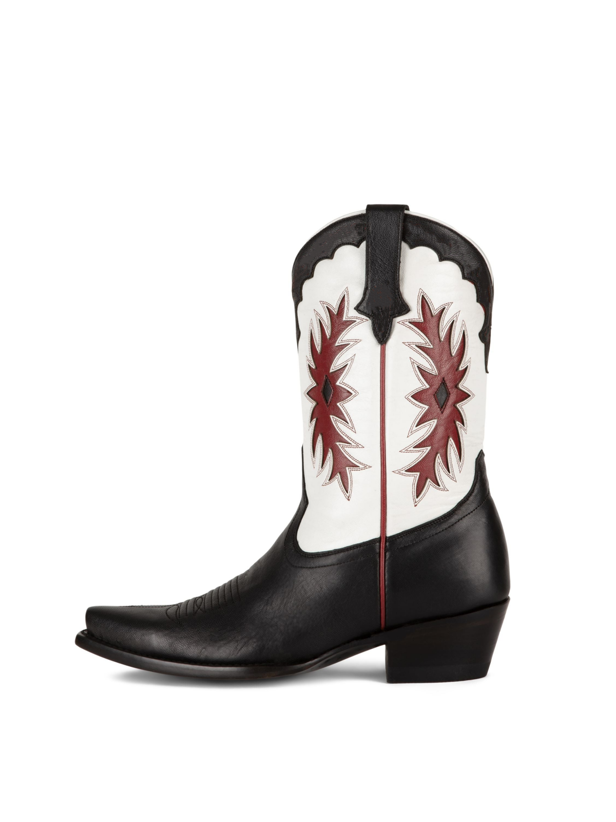 Contrast Black And White Inlay Snip-Toe Slip-On Mid Calf Cowgirl Boots