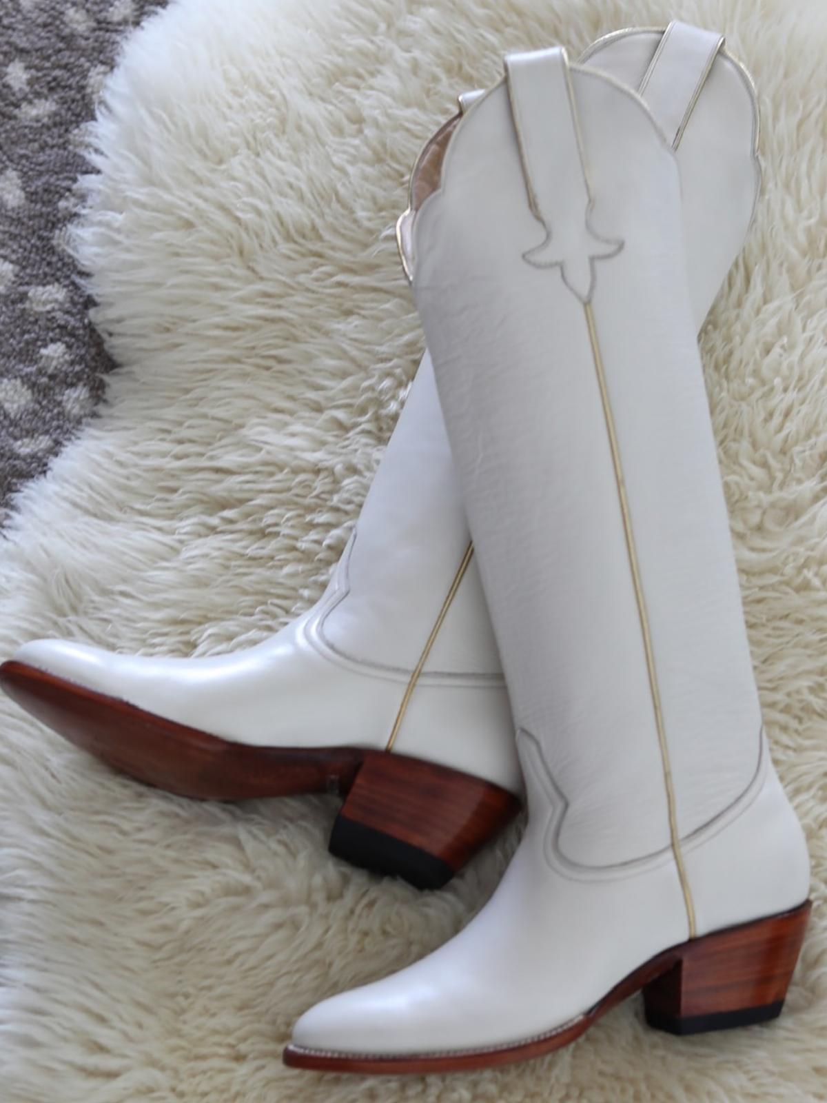 Simple Round-Toe Wide Calf Knee High Tall Cowgirl Boots - Bone