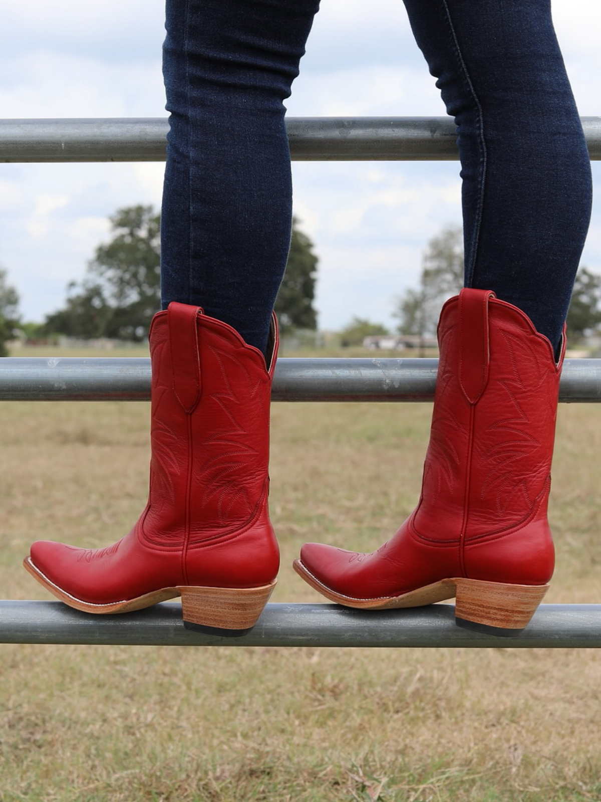 Western Embroidery Snip-Toe Mid Wide Calf Cowgirl Boots - Chestnut