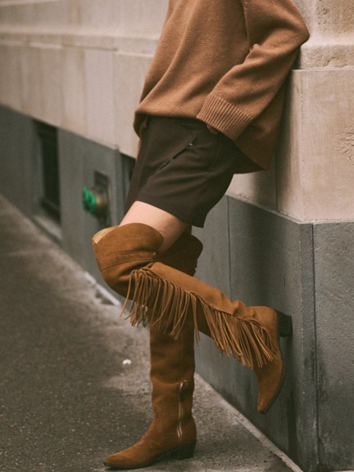 Tan Faux Suede Snip-Toe Side Fringe Half-Zip Over-The-Knee Cowgirl Boots