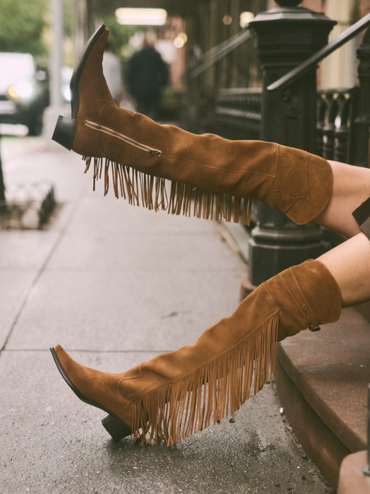 Tan Faux Suede Snip-Toe Side Fringe Half-Zip Over-The-Knee Cowgirl Boots