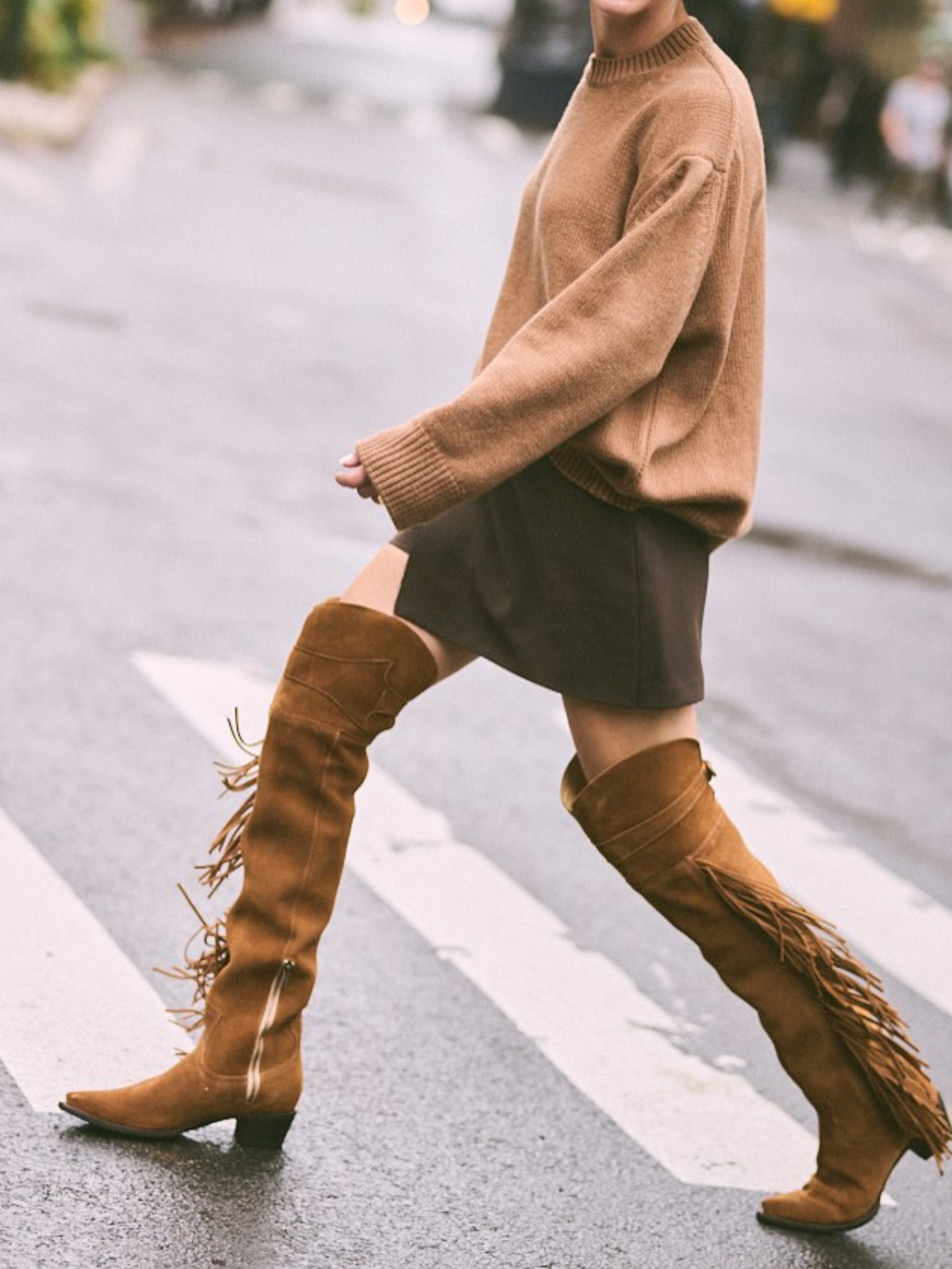 Tan Faux Suede Snip-Toe Side Fringe Half-Zip Over-The-Knee Cowgirl Boots