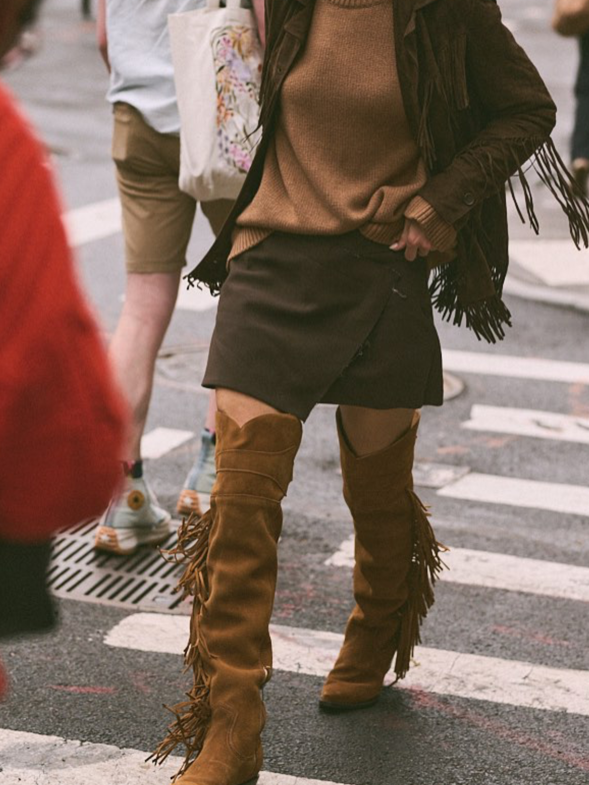 Tan Faux Suede Snip-Toe Side Fringe Half-Zip Over-The-Knee Cowgirl Boots