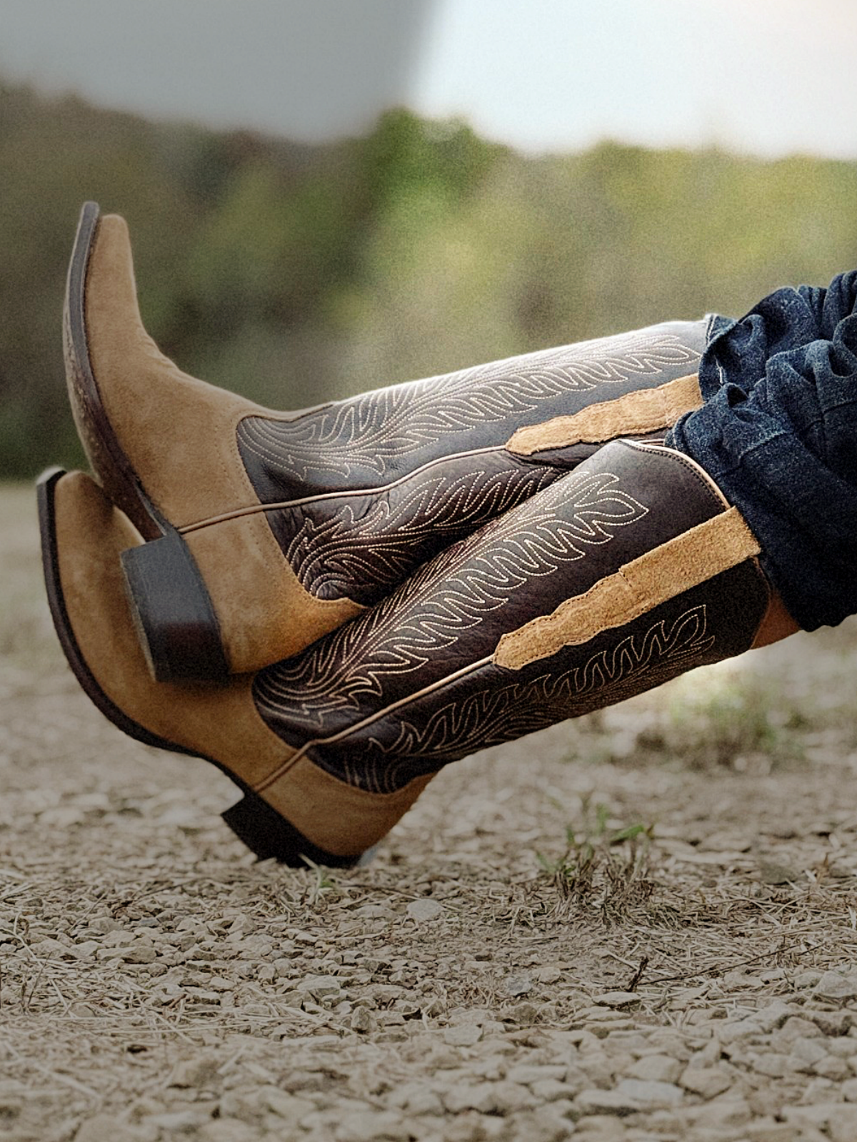 Tan Faux Suede And Coffee Vegan Leather Snip-Toe Leaf Embroidery Wide Mid Calf Cowgirl Boots