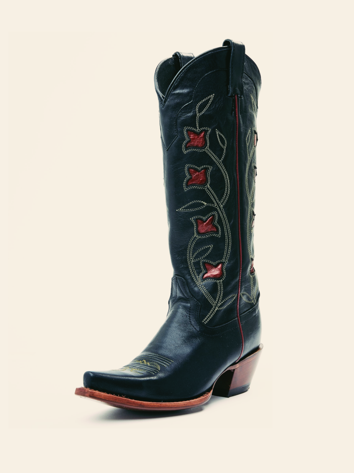 Black Snip-Toe Wide Mid Calf Western Cowgirl Boots With Red Flower Inlay