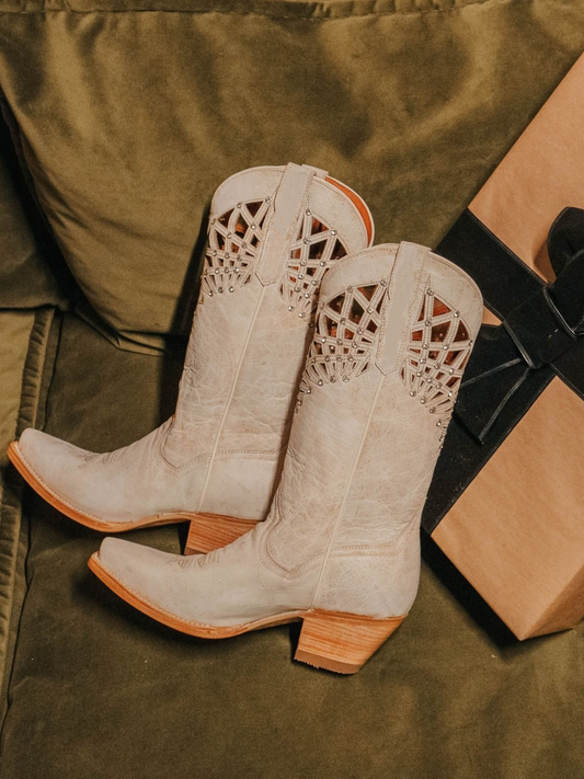 Distressed Bone Snip-Toe Cutout Crystal Wide Mid Calf Cowgirl Boots