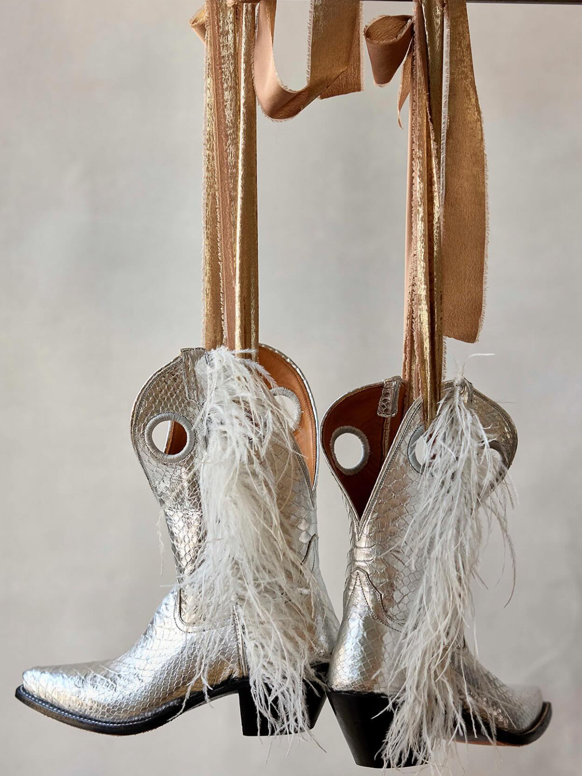 Metallic Silver Snakeskin Snip-Toe Ostrich Feather Cutout Wide Mid Calf Cowgirl Boots