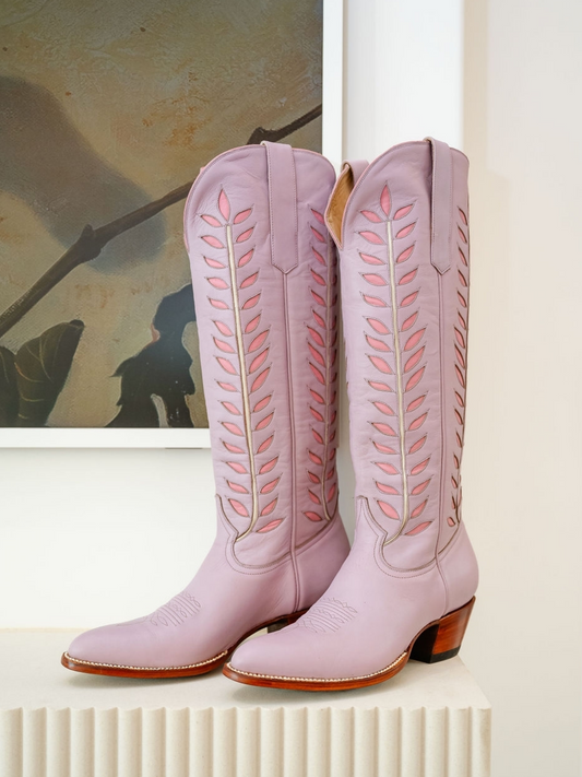 Almond-Toe Pink Leaves Inlay Wide Calf Tall Knee High Cowgirl Boots - Lavender