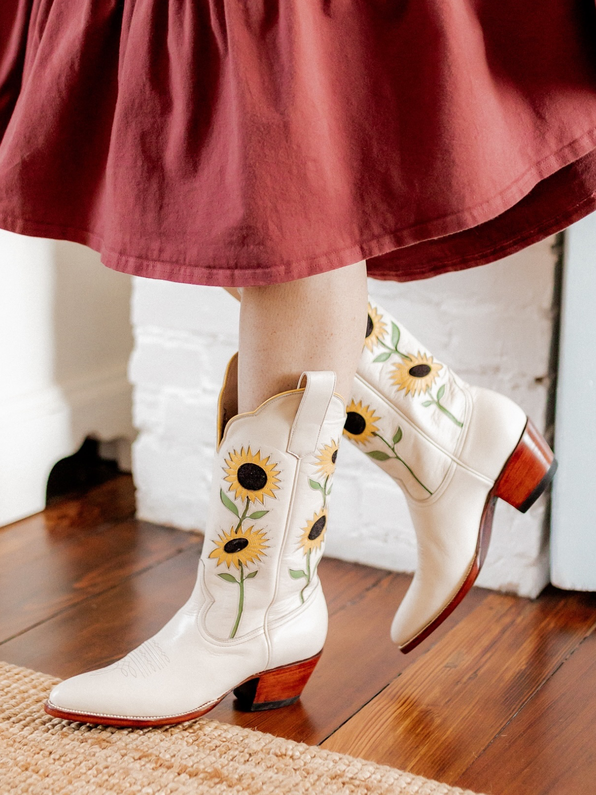 Ivory Faux Suede Sunflower Inlay Almond-Toe Wide Mid Calf Cowgirl Boots