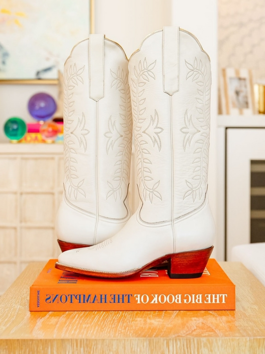 Leaves Embroidery Almond-Toe Wide Mid Calf Cowgirl Boots - Ivory