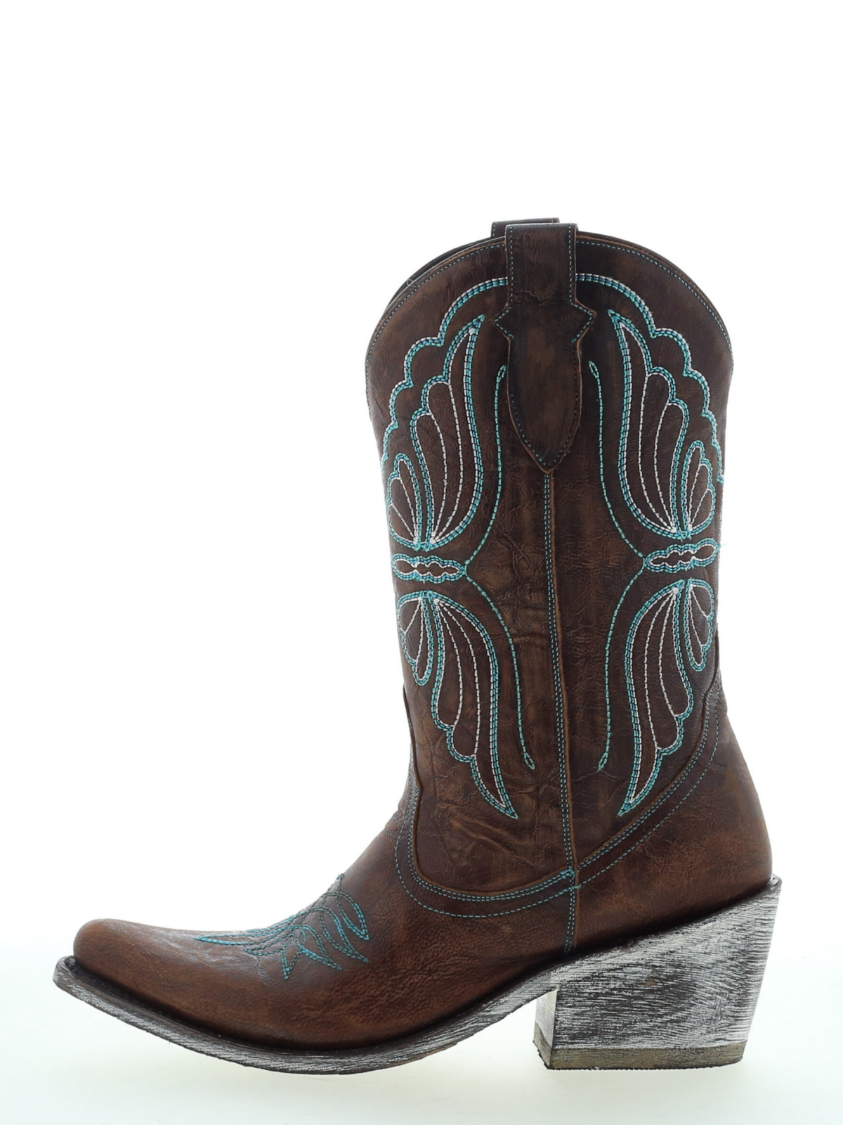 Butterfly Embroidery Almond-Toe Wide Mid Calf Cowgirl Boots - Dark Brown