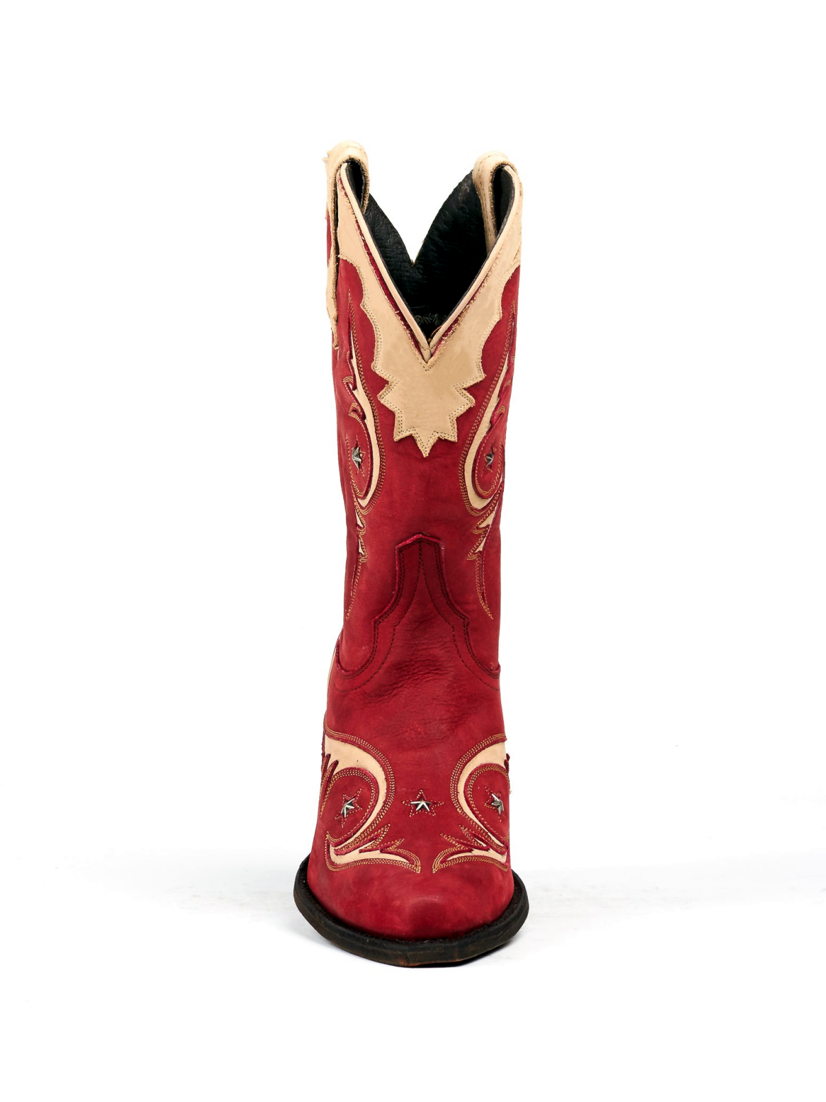 Red Snip-Toe Beige Inlay Metal Star Applique Wide Mid Calf Cowgirl Boots