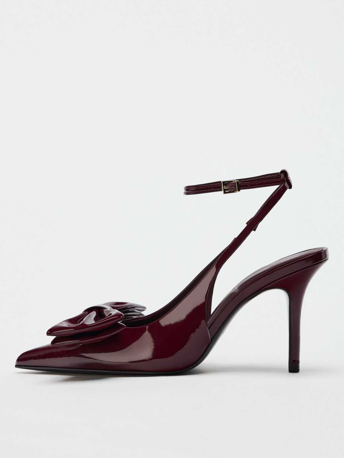 Patent Burgundy Pointed-Toe Buckled Ankle Strap Closure Slingback Bow High Heels