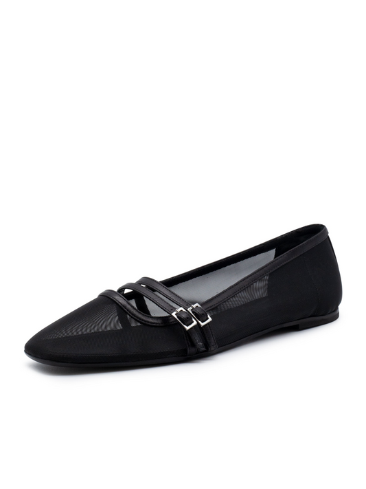 Black Square Toe Semi-Transparent Mesh Ballet Flats With Double Buckled Strap