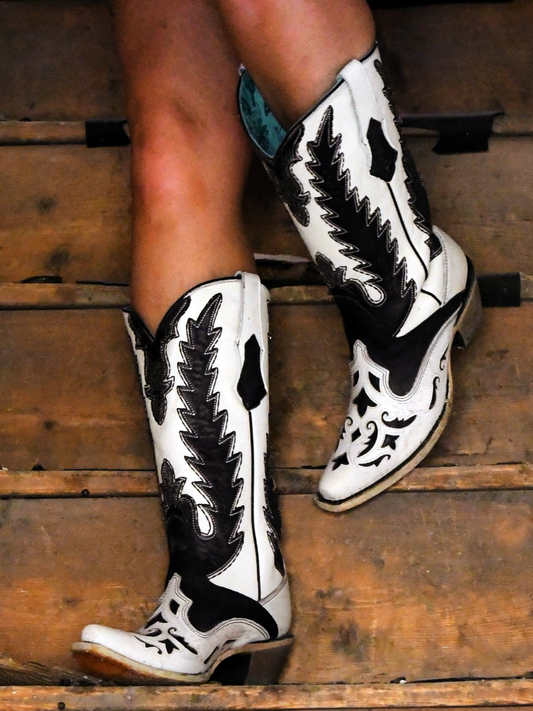 Contrast White And Black Snip-Toe Inlay Applique Wide Mid Calf Cowgirl Boots