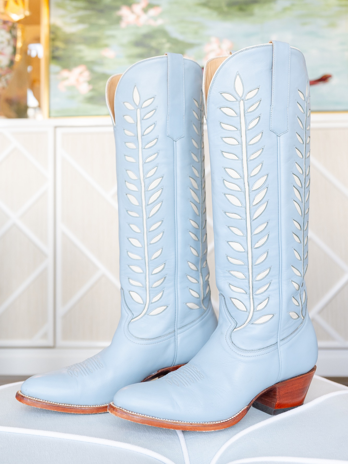 Almond-Toe Ivory Leaves Inlay Wide Calf Tall Knee High Cowgirl Boots - Powder Blue