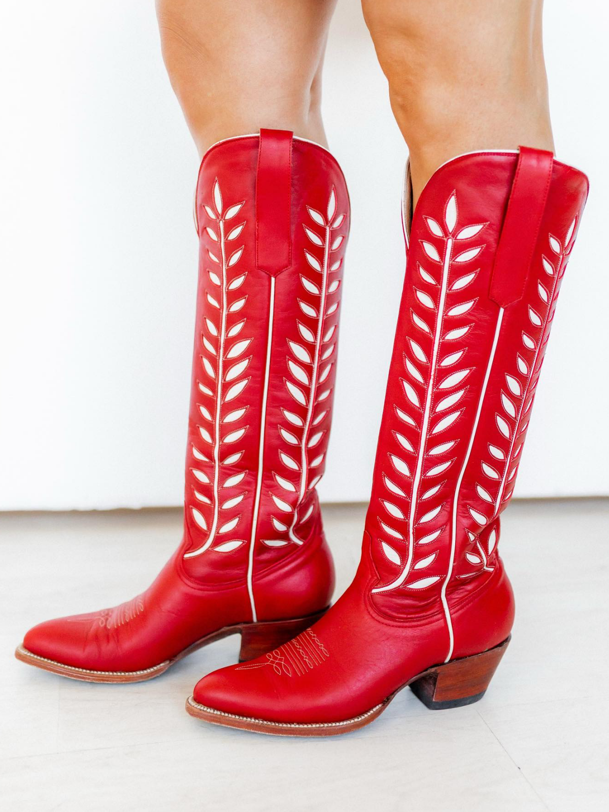 Almond-Toe Ivory Leaves Inlay Wide Calf Tall Knee High Cowgirl Boots - Red