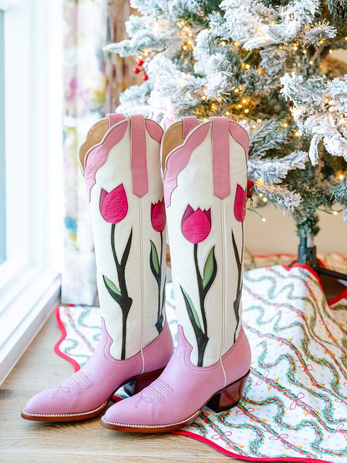 Contrast Pink And Ivory Almond-Toe Tulip Inlay Wide Calf Knee High Cowgirl Boots