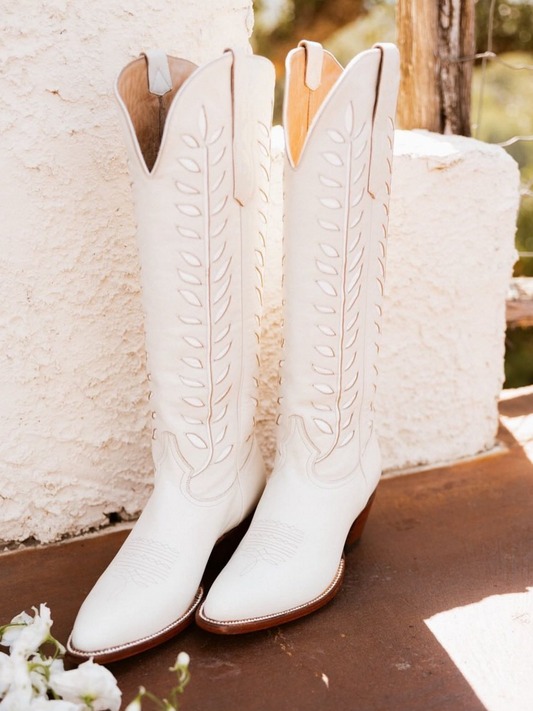 Almond-Toe Ivory Leaves Inlay Wide Calf Tall Knee High Cowgirl Boots - Cream