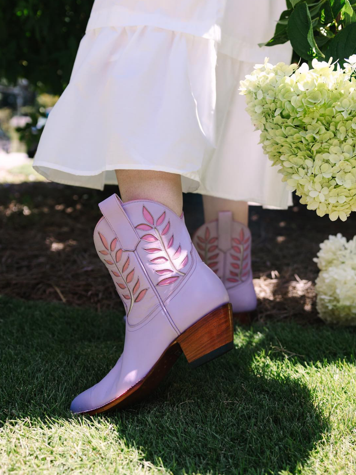 Lavender Almond-Toe Leaves Inlay Wide Mid Calf Cowgirl Boots