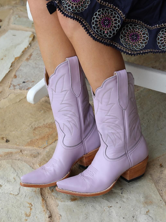 Western Embroidery Snip-Toe Mid Wide Calf Cowgirl Boots - Lavender