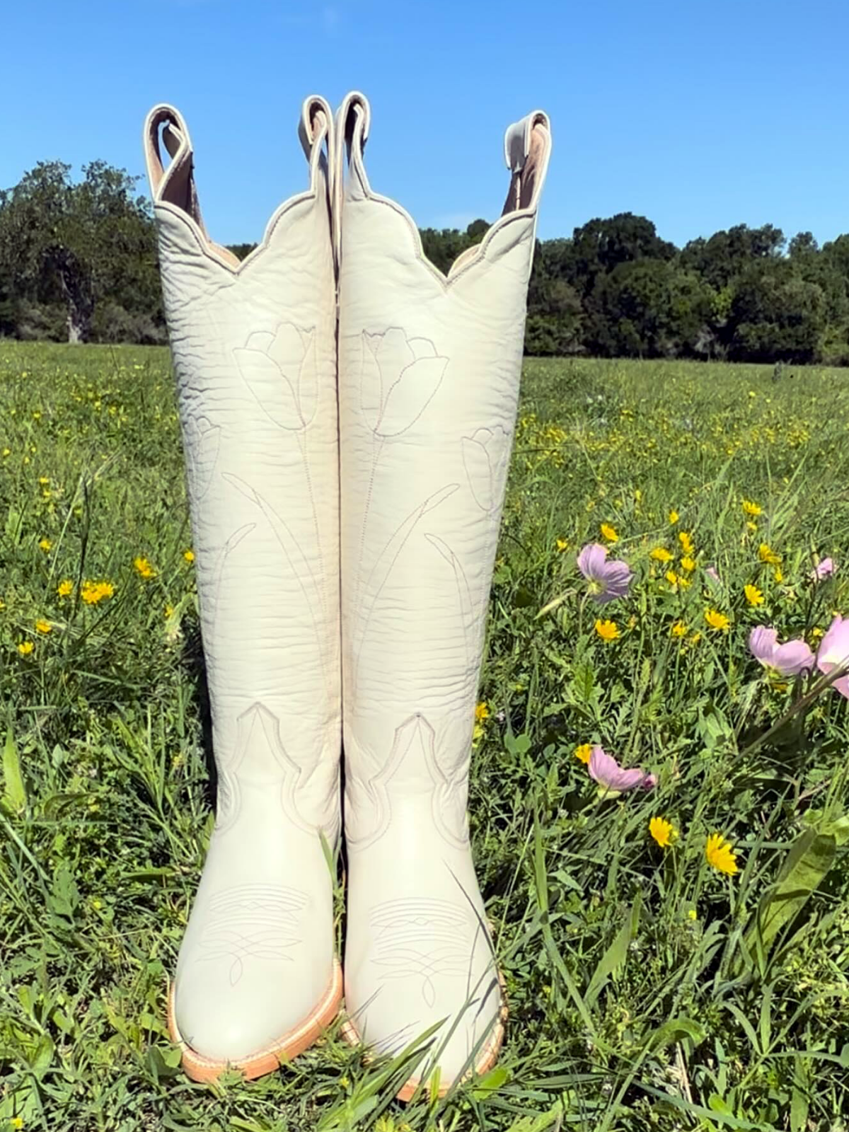 Almond-Toe Tulip Embroidery Wide Calf Knee High Cowgirl Boots - Bone