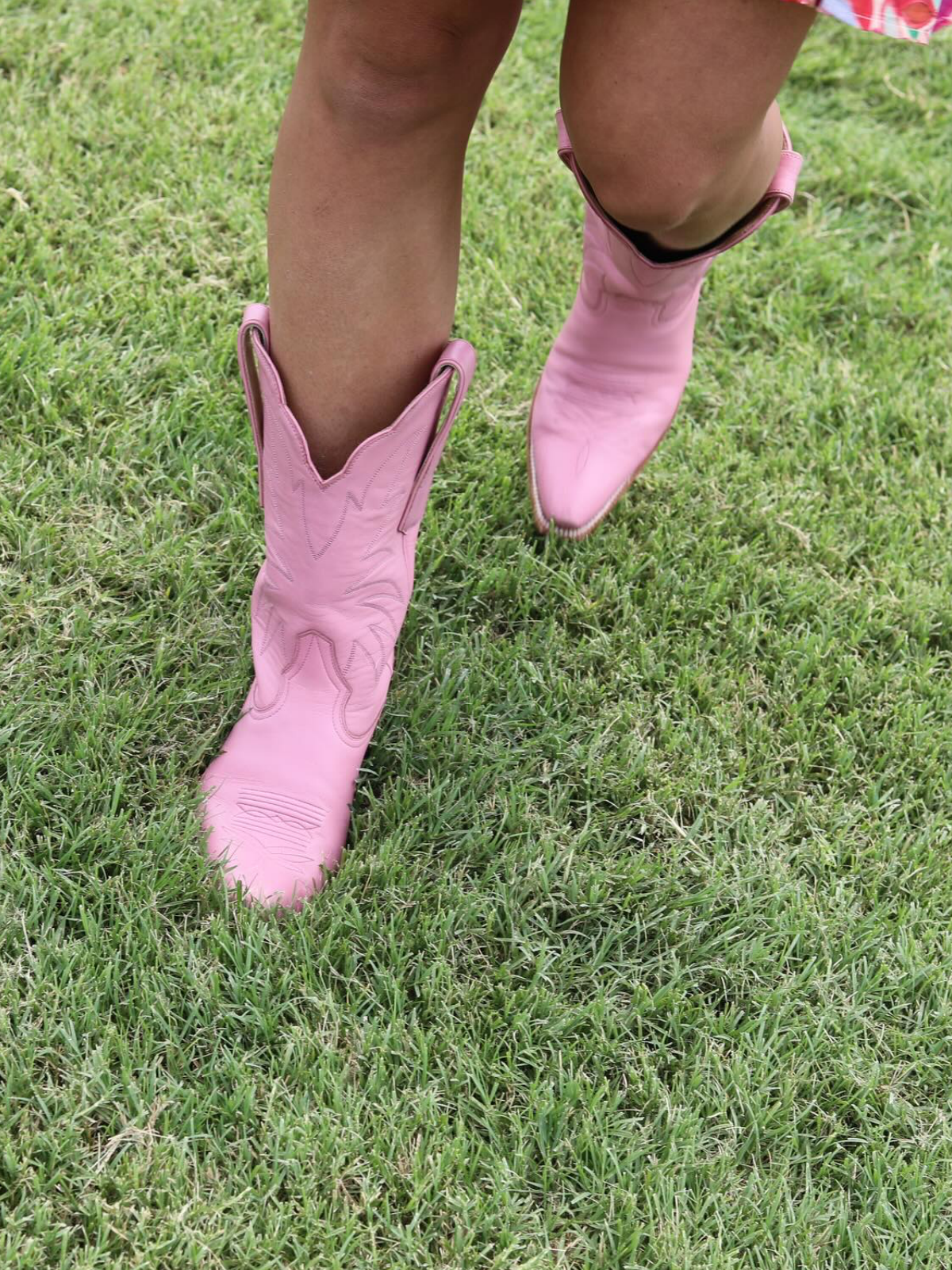 Western Embroidery Snip-Toe Mid Wide Calf Cowgirl Boots - Pink