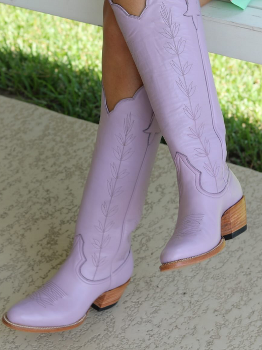 Almond-Toe Leaves Embroidery Wide Calf Knee High Cowgirl Boots - Lavender