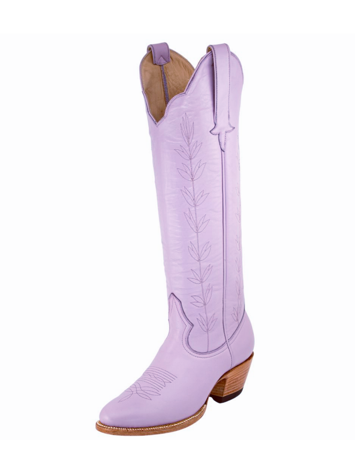 Almond-Toe Leaves Embroidery Wide Calf Knee High Cowgirl Boots - Lavender