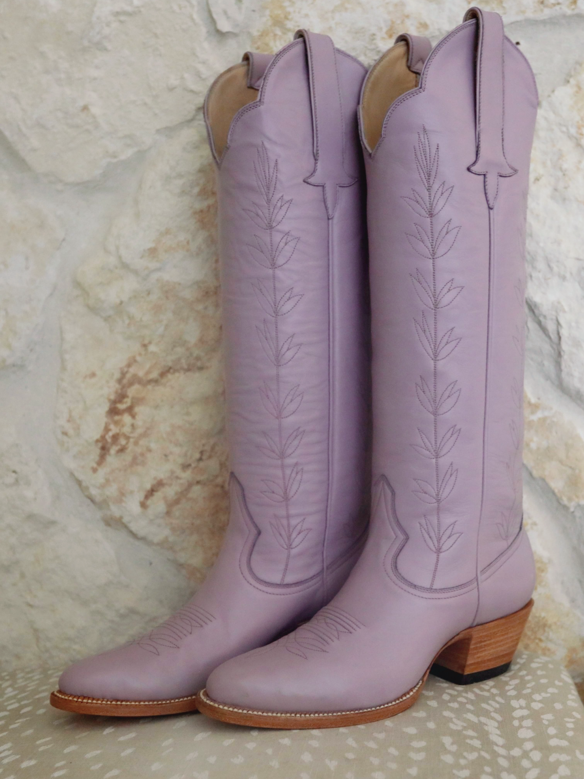 Almond-Toe Leaves Embroidery Wide Calf Knee High Cowgirl Boots - Lavender