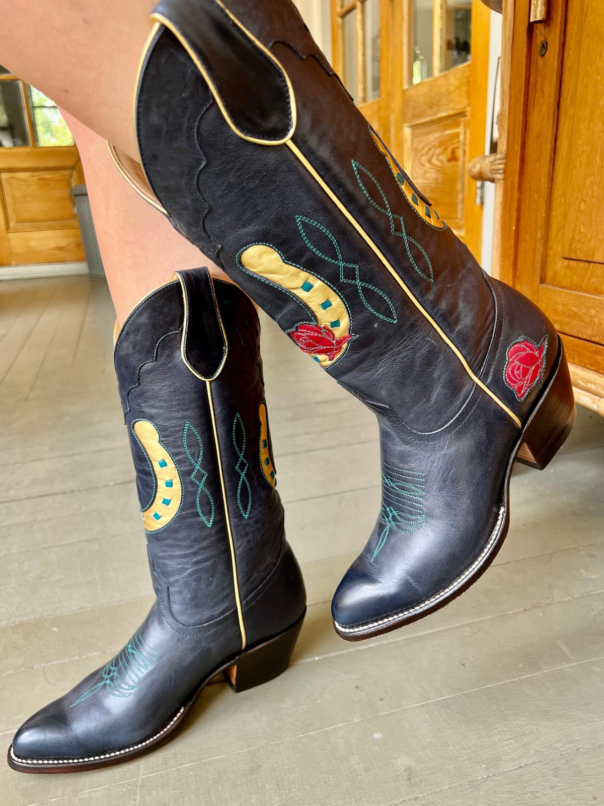 Navy Almond-Toe Rose And Metallic Gold Inlay Wide Mid Calf Cowgirl Boots With Running Stitch