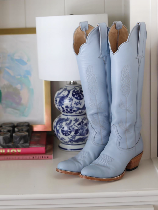 Almond-Toe Ear-Of-Rice Embroidery Wide Calf Knee High Cowgirl Boots - Powder Blue