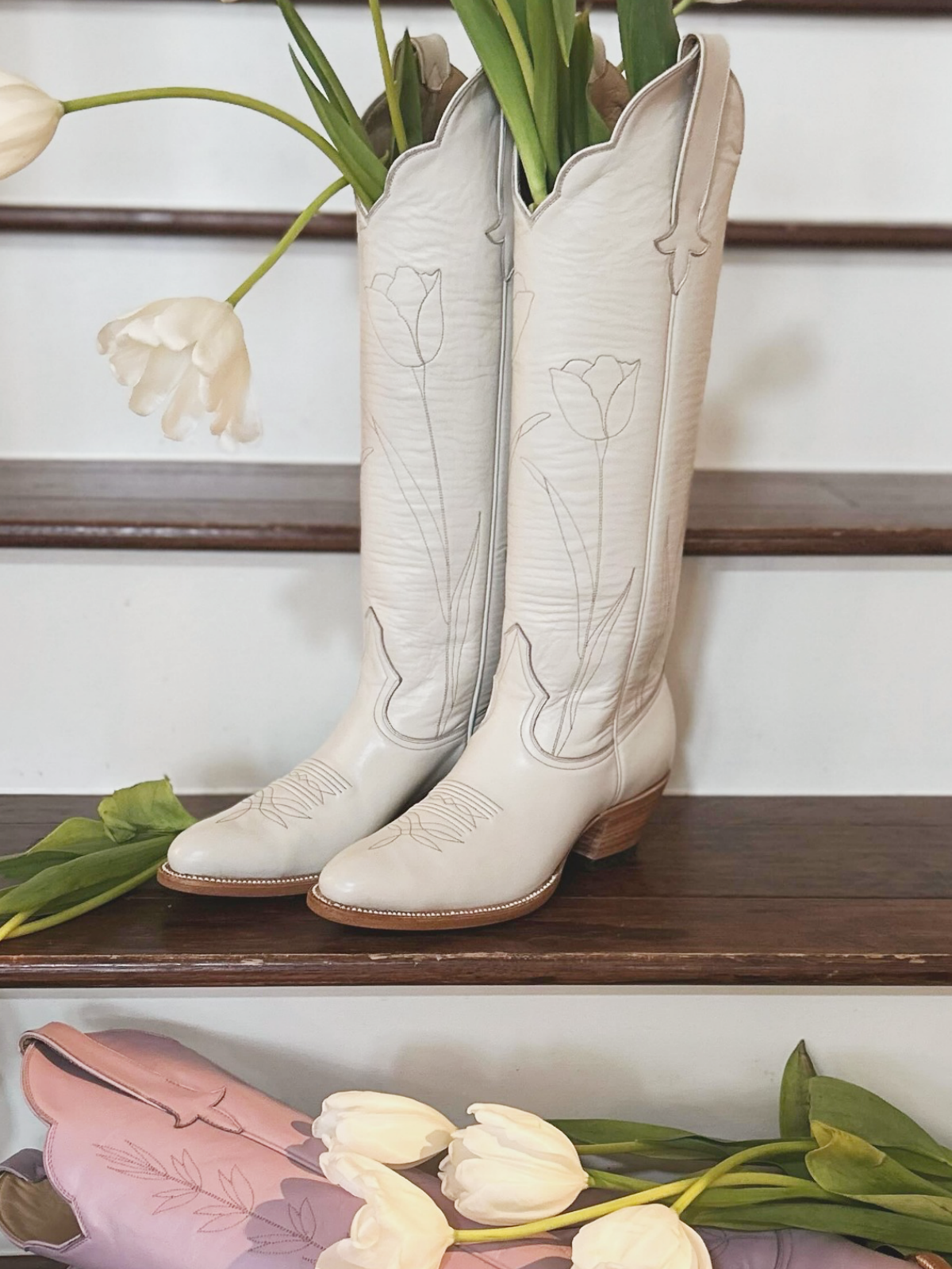 Almond-Toe Tulip Embroidery Wide Calf Knee High Cowgirl Boots - Bone