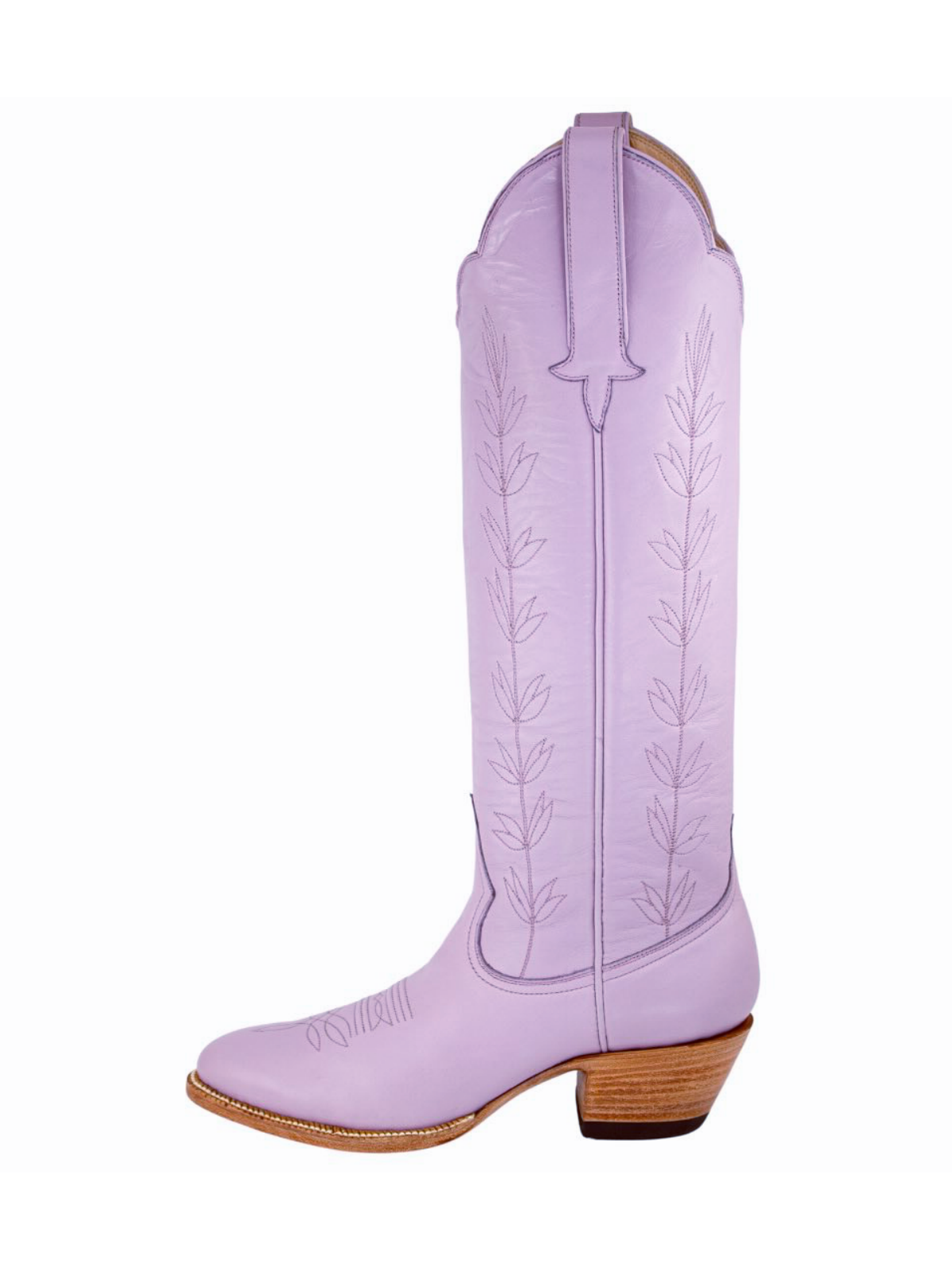 Almond-Toe Leaves Embroidery Wide Calf Knee High Cowgirl Boots - Lavender