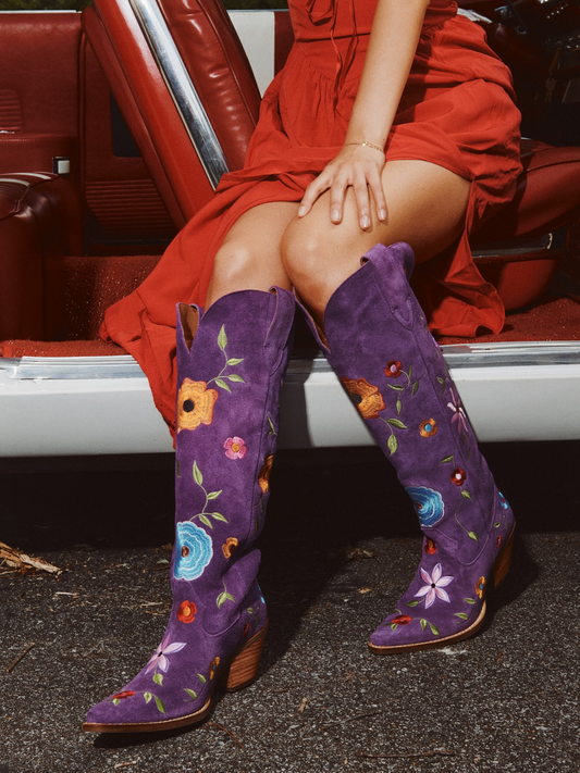 Colorful Floral Embroidery Faux Suede Snip-Toe Wide Mid Calf Cowgirl Boots - Purple