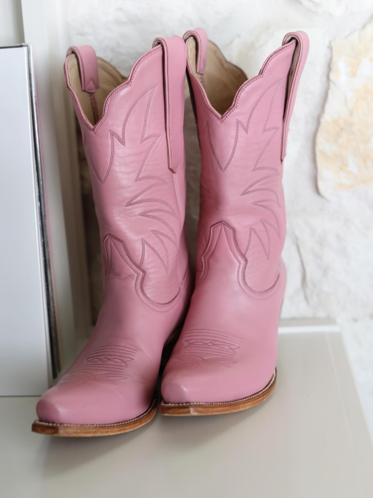 Western Embroidery Snip-Toe Mid Wide Calf Cowgirl Boots - Pink