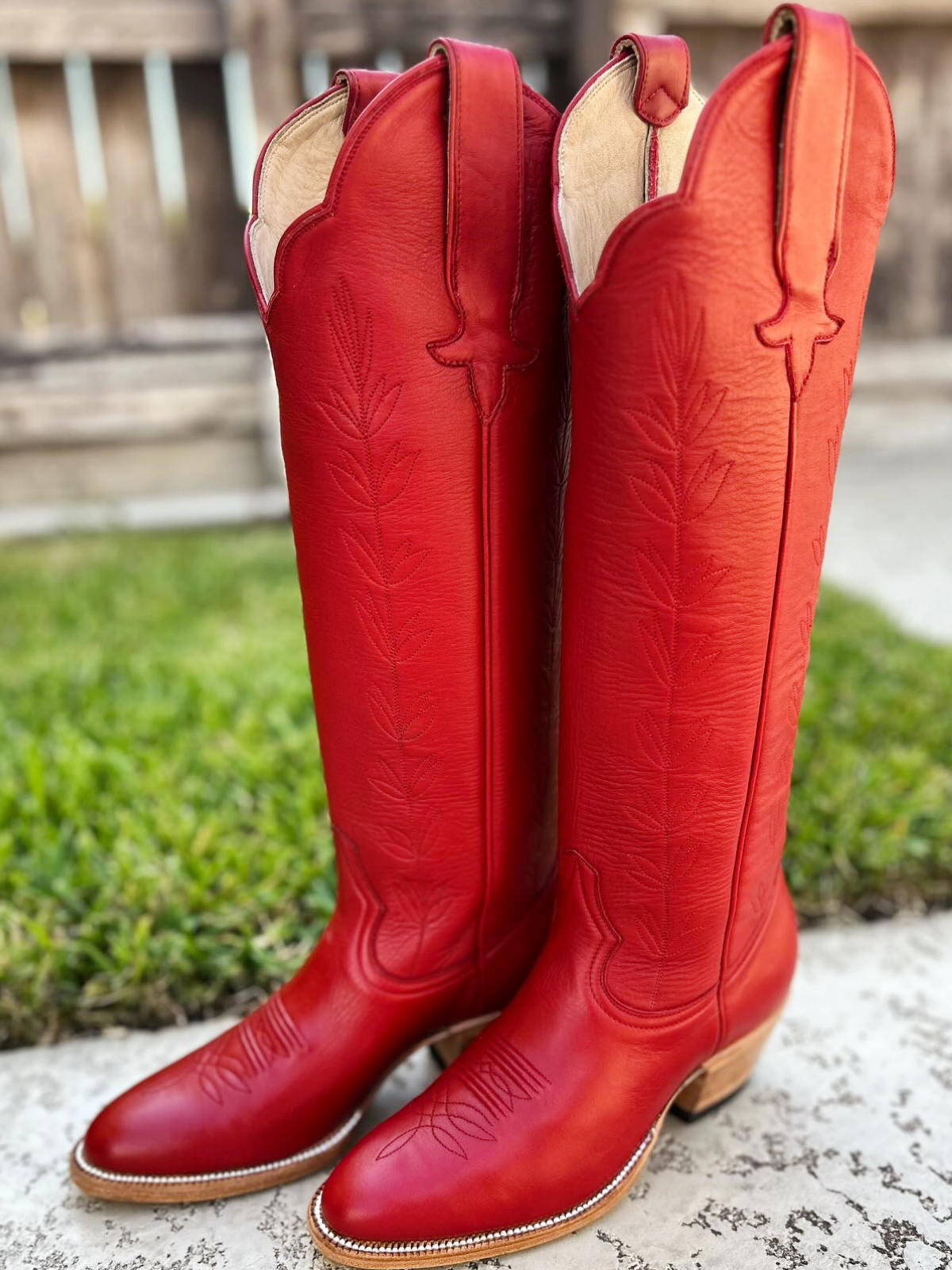 Almond-Toe Leaves Embroidery Wide Calf Knee High Cowgirl Boots - Red